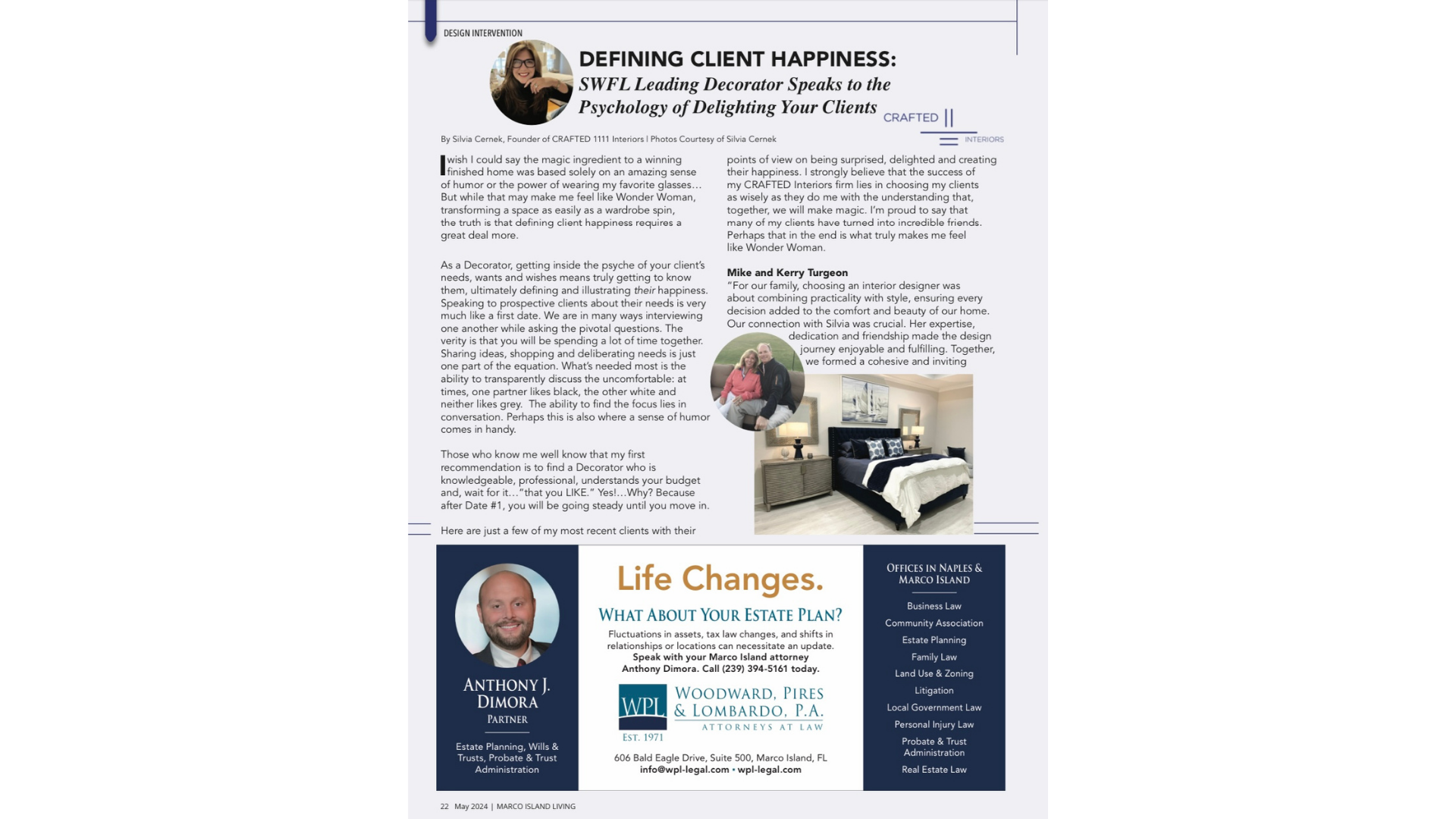 Flyer with dense text, a portrait, and a small room photo, featuring dark blue panels and a gold title.
