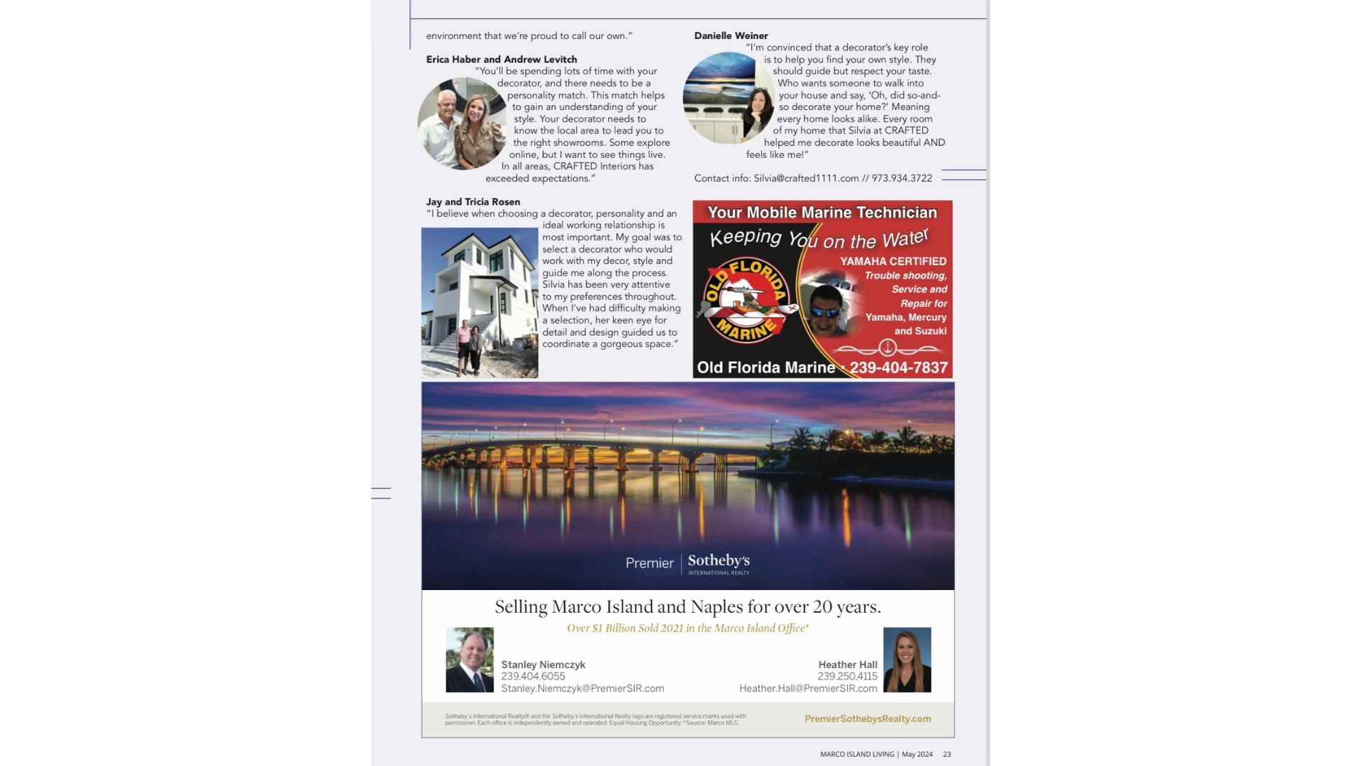 Flyer with two event photos, a red promotional panel, and a sunset bridge panorama over water
