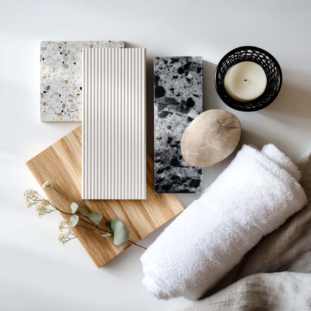 Spa items on a white surface: towels, soap, candle, stone, and decorative trays at Crafted 1111