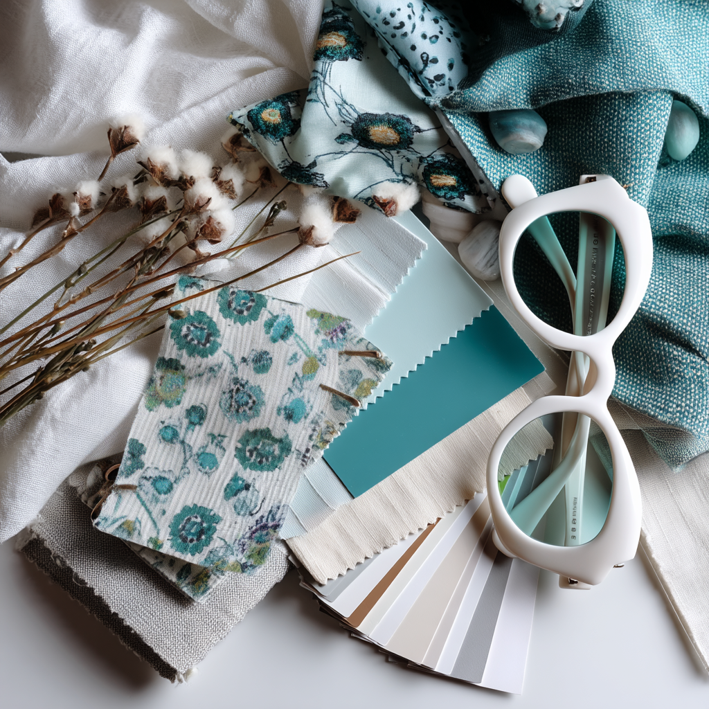 Crafting flat lay with fabric swatches, dried flowers, and white scissors on a textured background at Crafted 1111