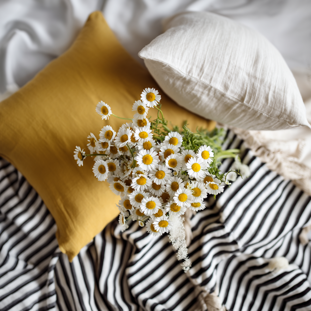 Bouquet of small white daisies on striped bedding with mustard and white pillows at Crafted 1111