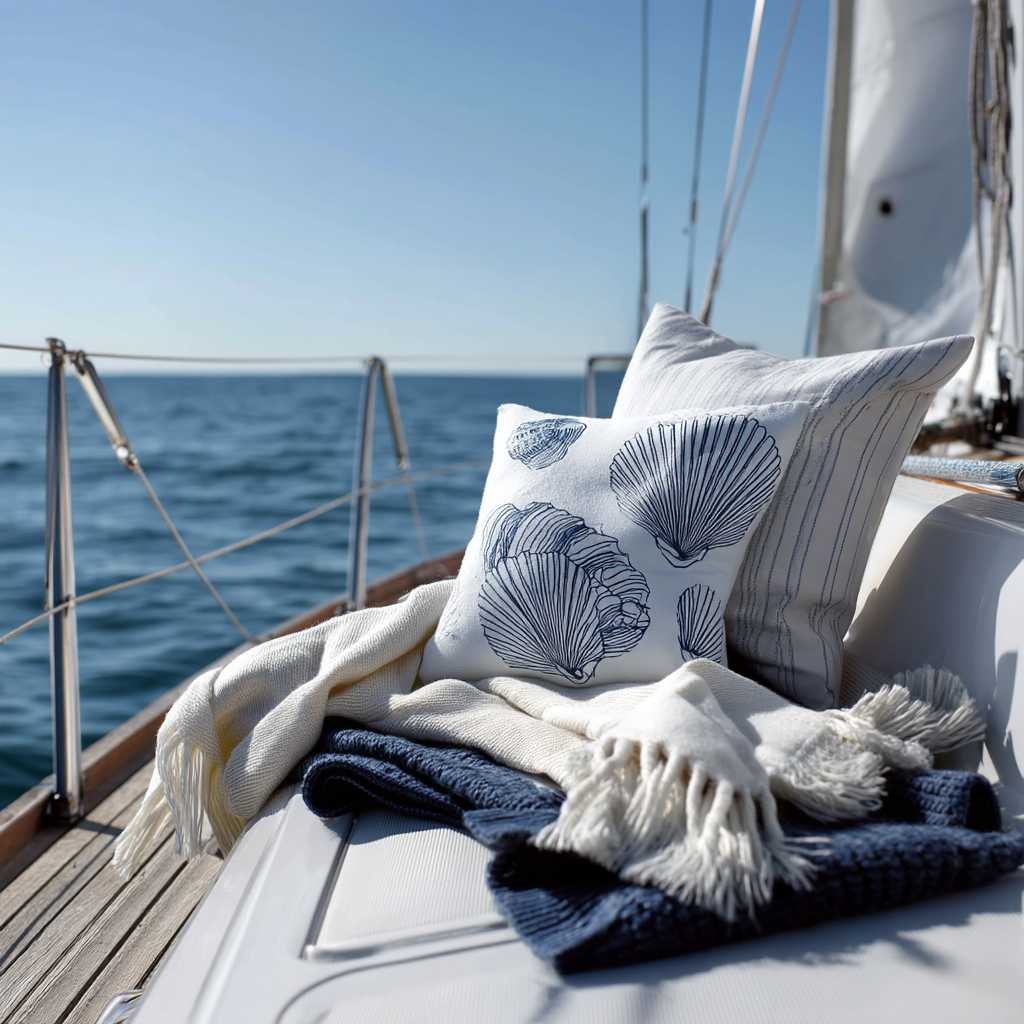 Sailboat deck with blue-and-white pillows and blanket overlooking calm ocean water
