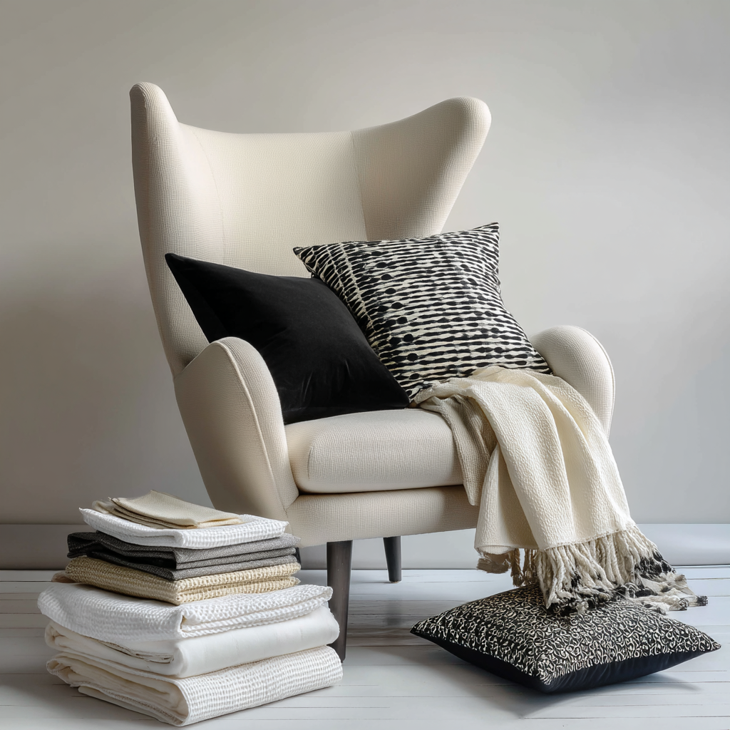 Cream armchair with black pillows, folded throws, and stacked blankets on a light floor at Crafted 1111