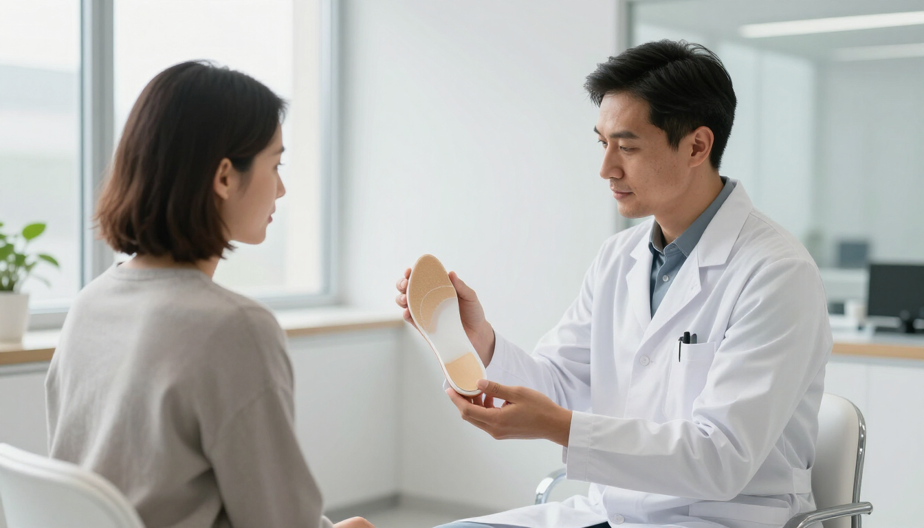 Professional podiatrist showing custom orthotic insert to a patient