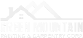 A white logo for green mountain painting and carpentry corp.