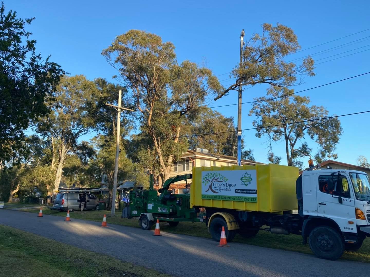 Tree Trimming Truck Near Power Lines, Chipper in Tow — Chop n Drop Tree Specialists in Belmont, NSW