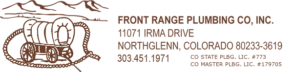 Logo for Front Range Plumbing Co., Inc. with a covered wagon, mountains, and contact information.