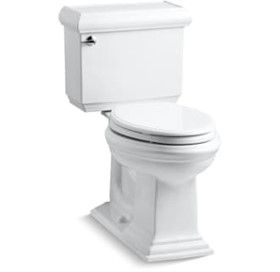 White, two-piece toilet with a rounded tank, seat, and a pedestal base.