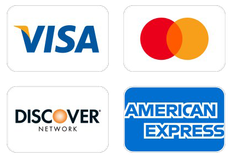 Logos for Visa, Mastercard, Discover, and American Express credit cards.