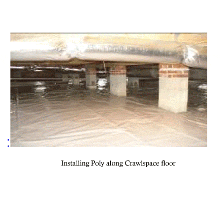 Crawlspace with plastic sheeting on floor, supported by brick and concrete columns, with exposed beams and ductwork above.