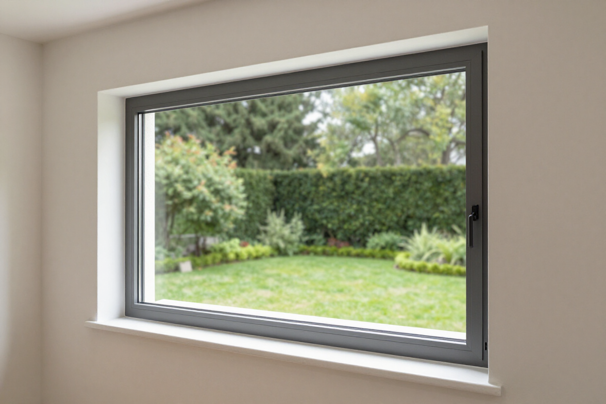 Ventana abierta con marco blanco con vistas a un jardín verde y un seto.