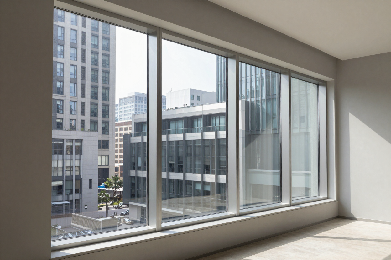 Habitación vacía y soleada con grandes ventanales con vistas a los edificios de la ciudad cercanos.