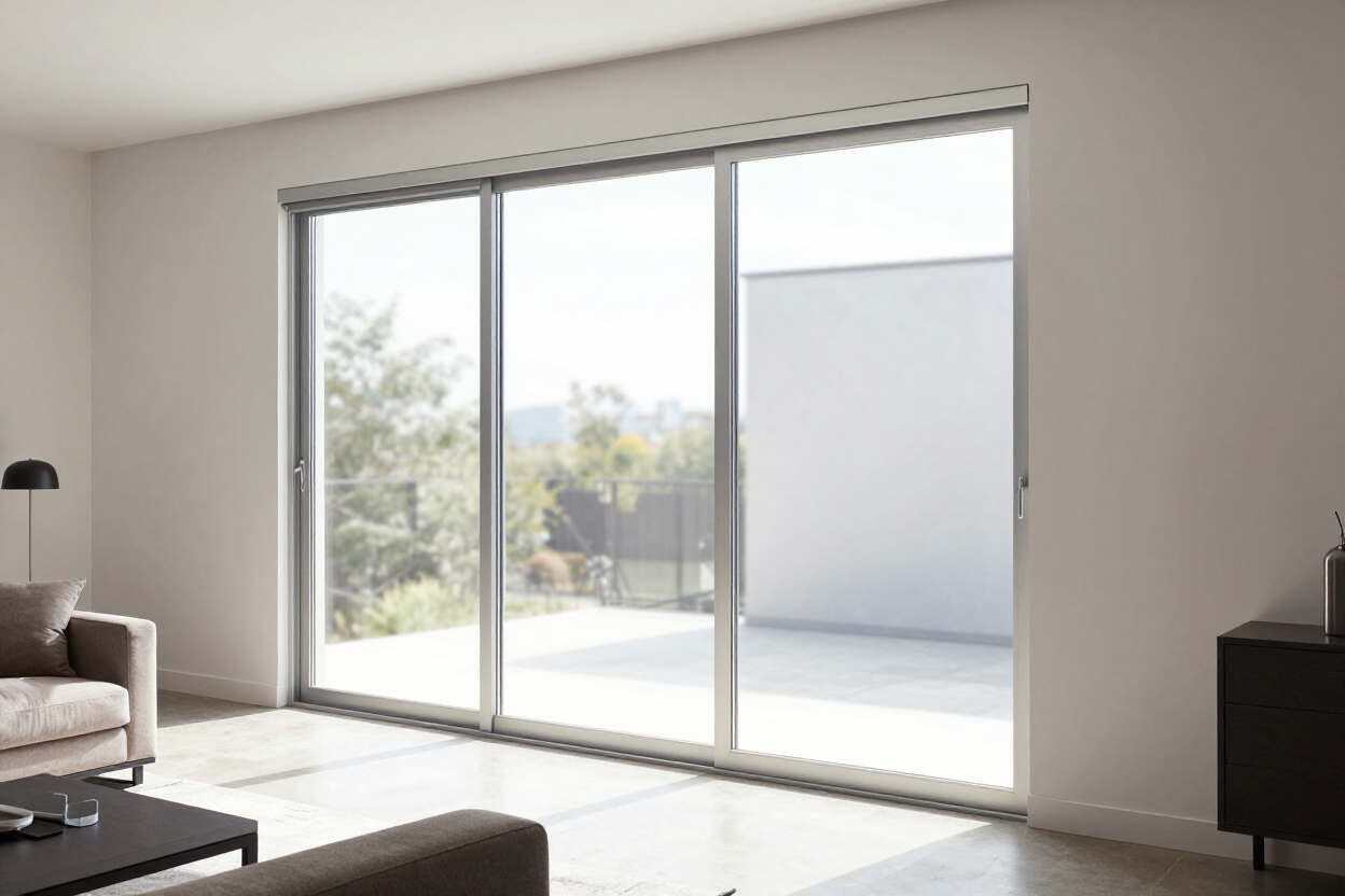 Salón moderno con grandes puertas correderas de cristal que dan a un luminoso patio y vistas al jardín.