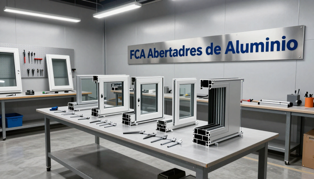 Taller de aluminio con muestras de ventanas enmarcadas sobre una mesa y un letrero que dice “FCA Abertadres de Aluminio”.