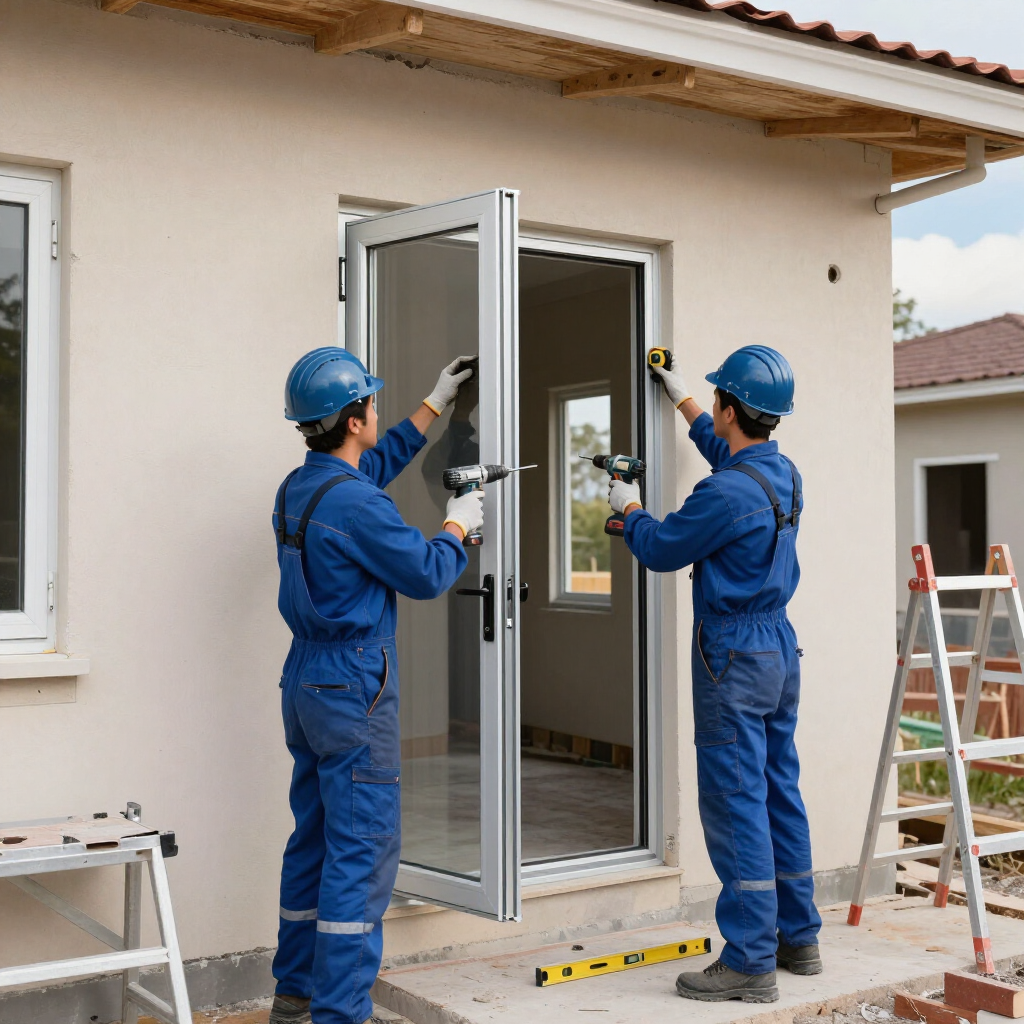 Equipo instalando aberturas de aluminio en una obra