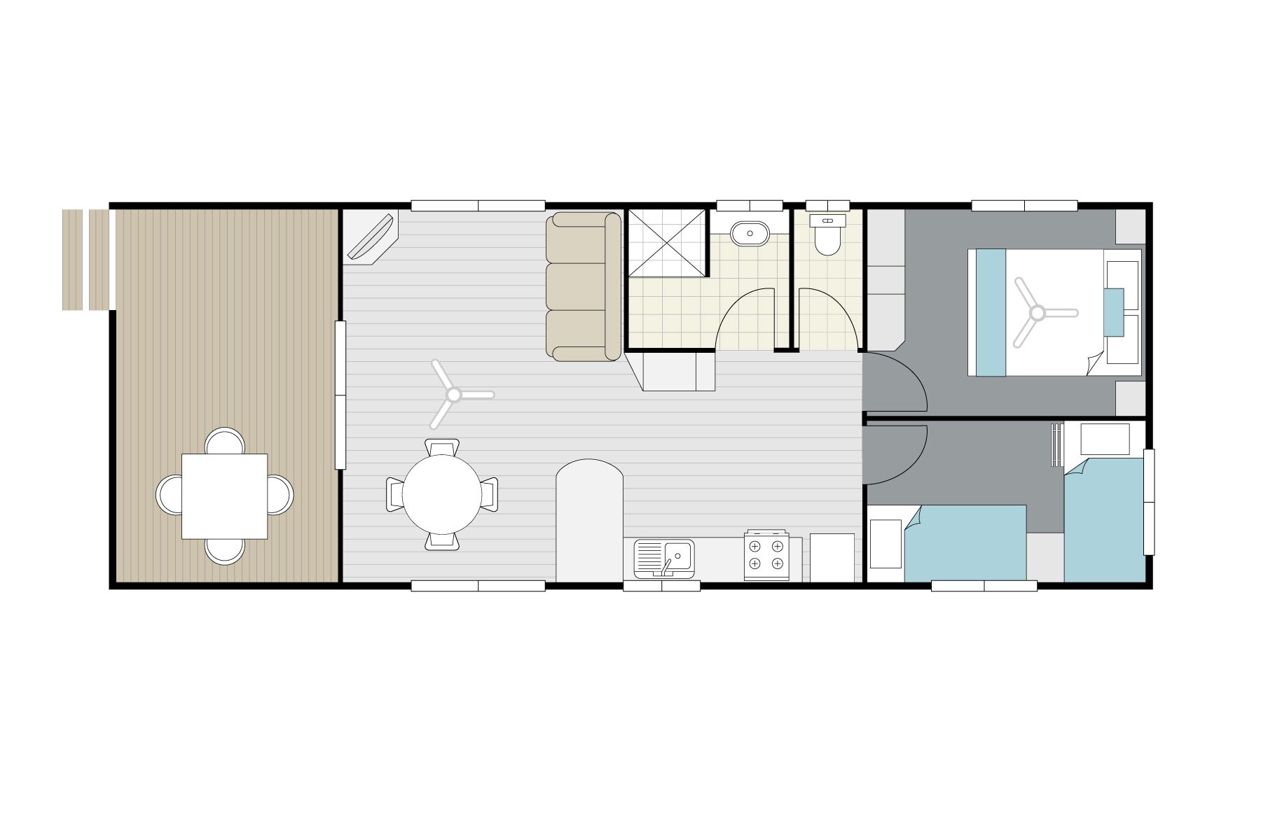 a floor plan of Apex Riverbeach Holiday Park cabin with beds , couch , table and chairs , kitchen , ensuite bathroom , outdoor dining , deck , television , fans