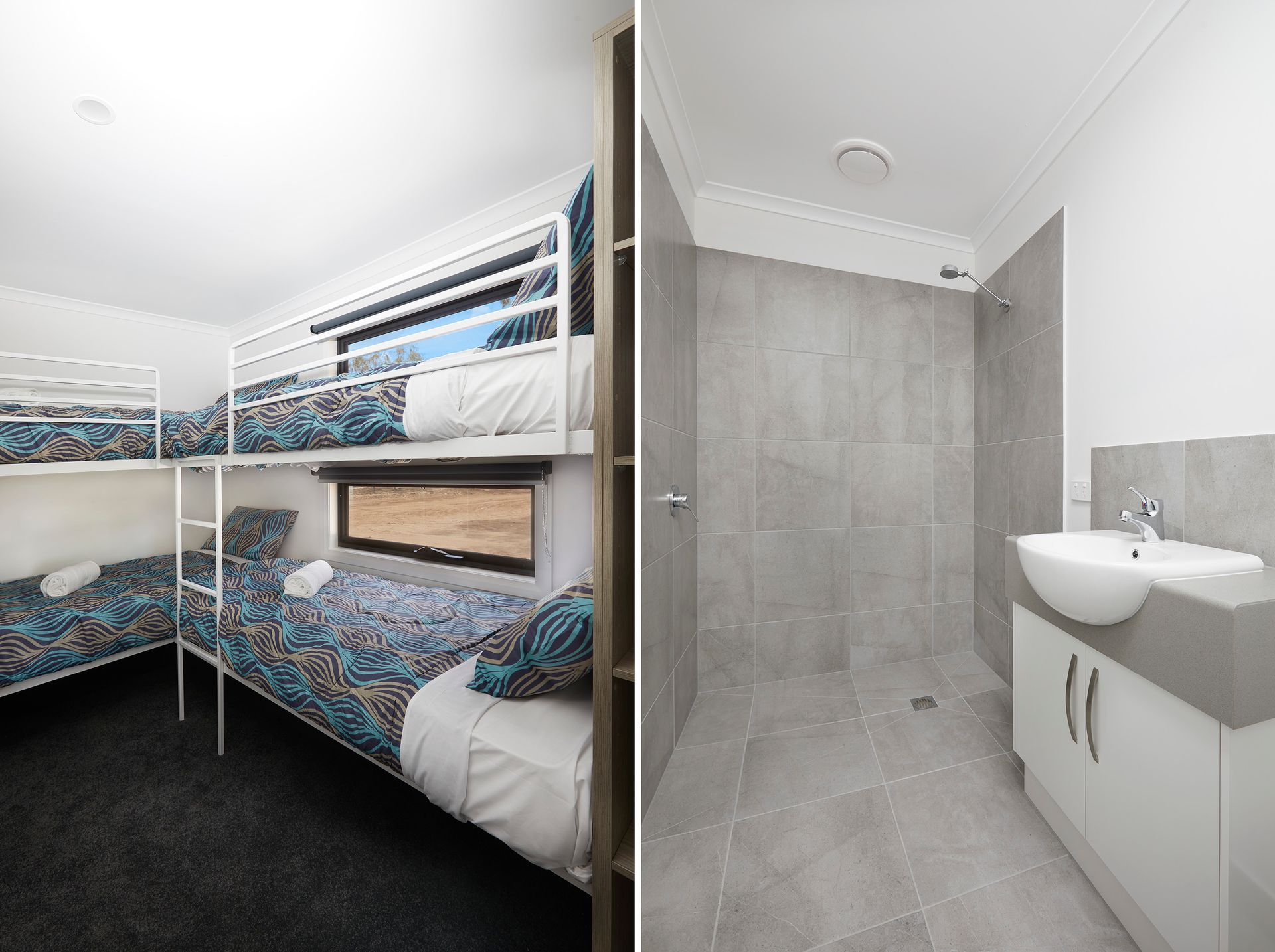 Apex Riverbeach Holiday Park cabin with beds , ensuite bathroom