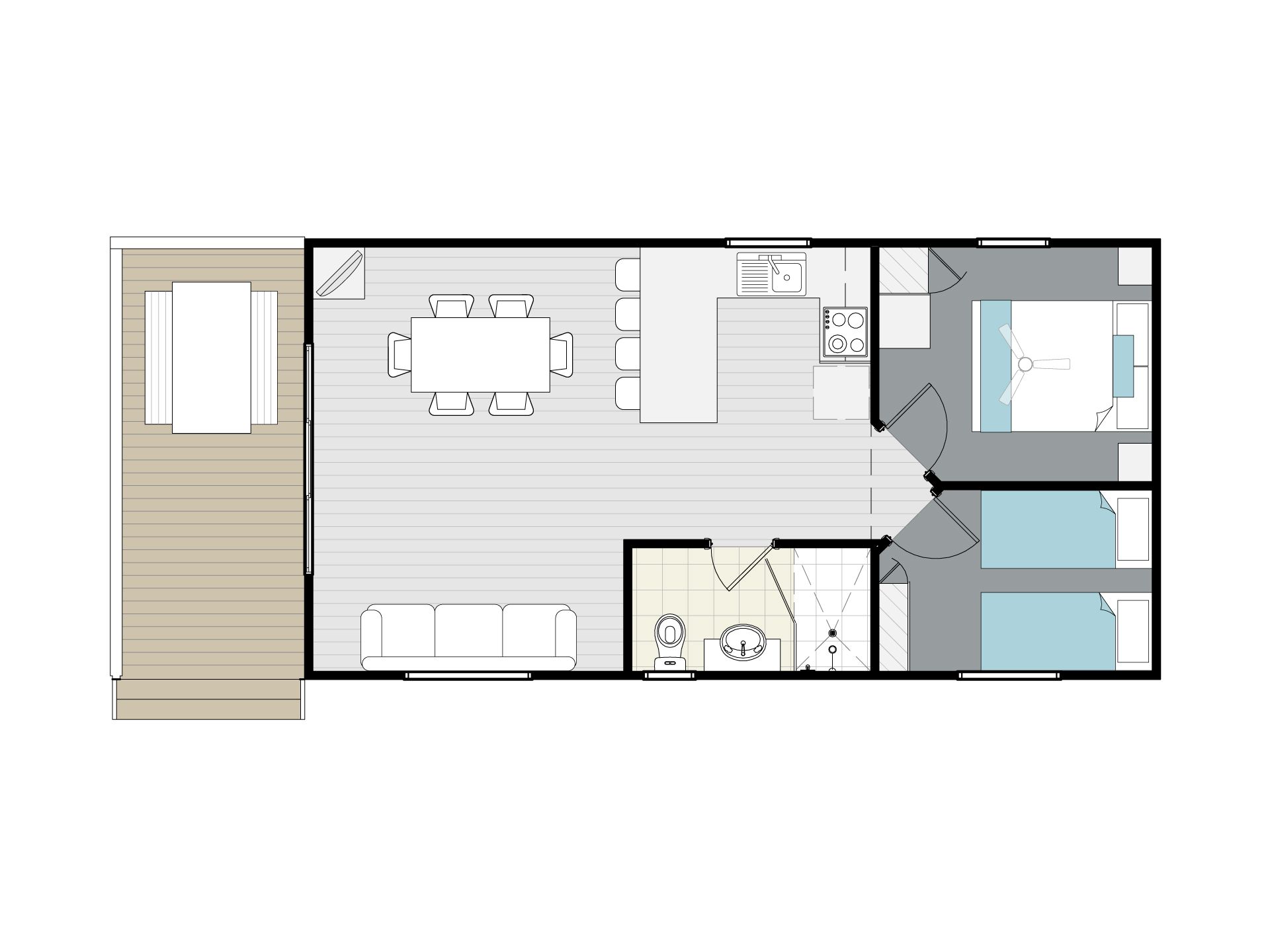 a floor plan of Apex Riverbeach Holiday Park cabin with beds , couch , table and chairs , kitchen , ensuite bathroom , outdoor dining , deck , television , fans
