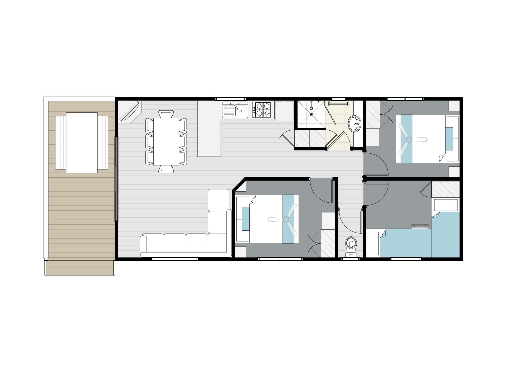 a floor plan of Apex Riverbeach Holiday Park cabin with beds , couch , table and chairs , kitchen , ensuite bathroom , outdoor dining , deck , television , fans