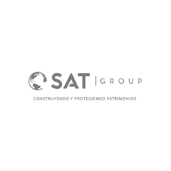 Grey SAT GROUP logo featuring a globe icon and the tagline 