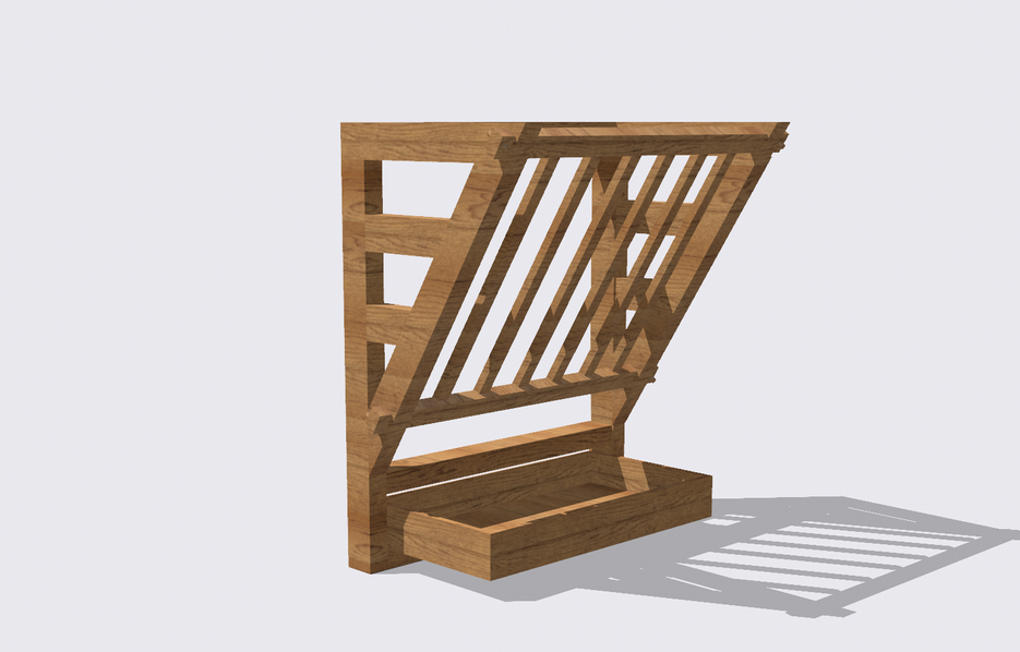 Een 3D houten hooiruif met een lattenrek en een bodemgoot, geplaatst tegen een effen lichtgrijze achtergrond.