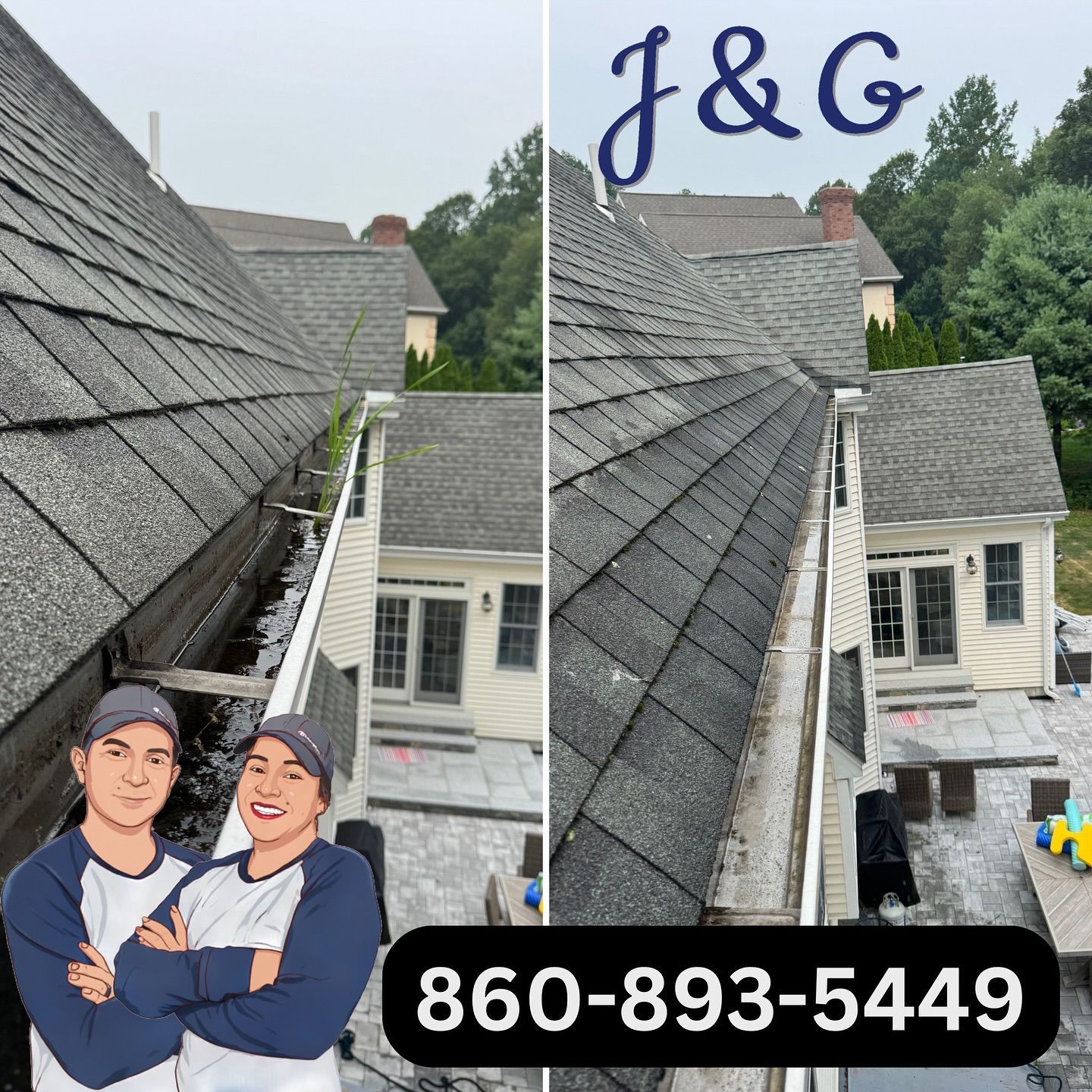 Roof gutter cleaning service ad with two workers, house roof, J&G logo, and phone number 860-893-5449