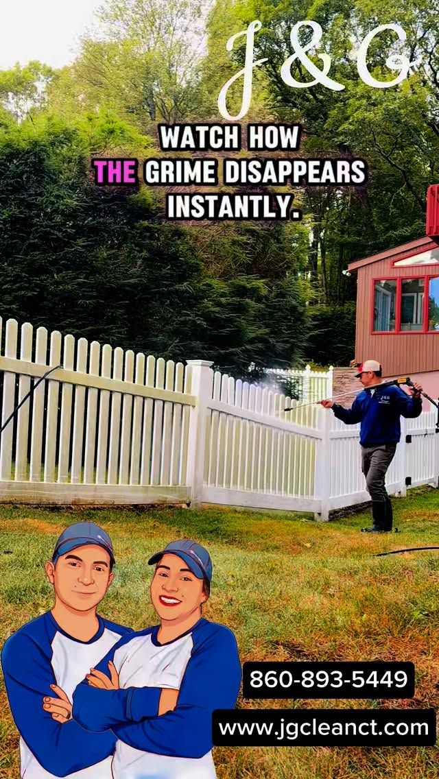 J&C gutter-cleaning ad showing a white fence, green yard, and two workers in blue uniforms.