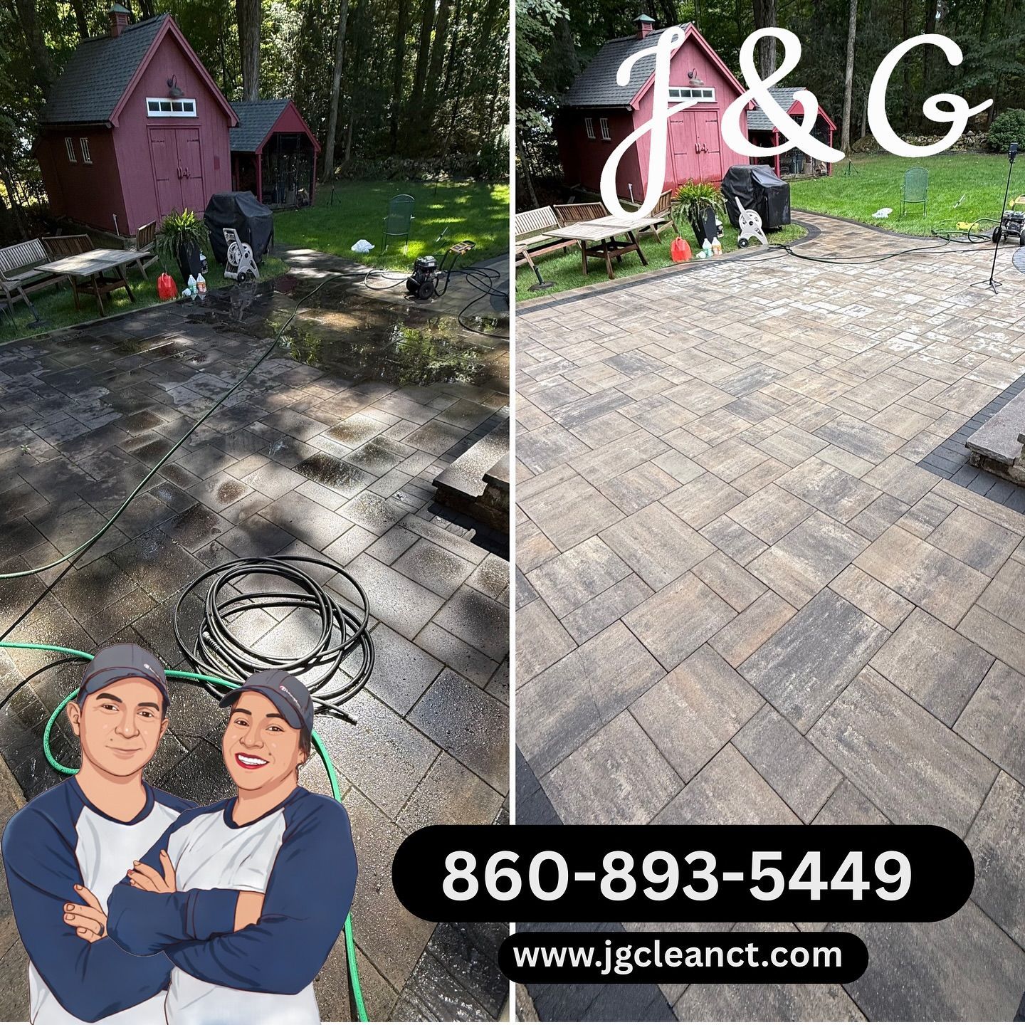 Before-and-after patio cleaning: dirty pavers beside a house, then clean brick patio with J&G logo and phone number.