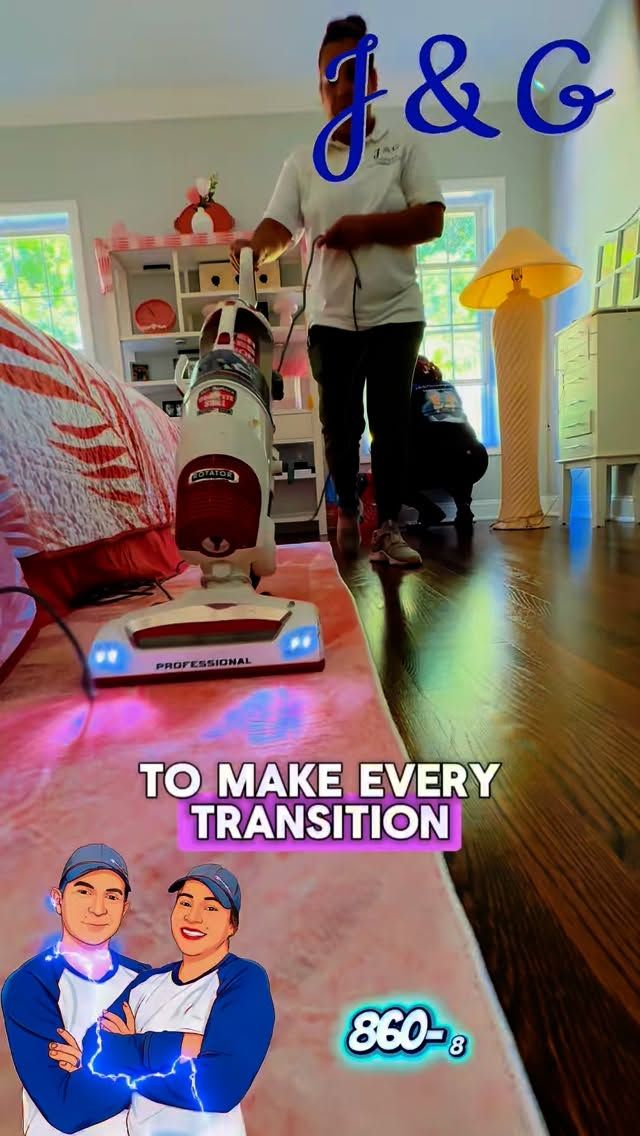 Person standing in a colorful room with luggage, captions reading “TO MAKE EVERY TRANSITION” and “J&G”
