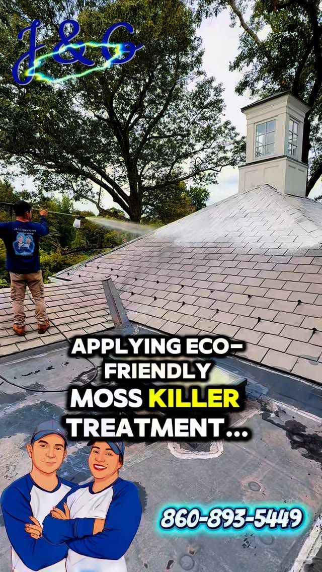 Person spraying eco-friendly moss killer on a brick roof near a white steeple, with bold promo text and phone number.
