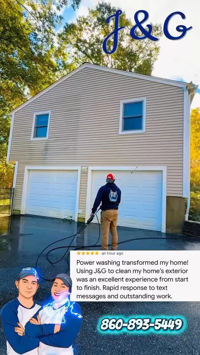 J&G roofing truck in front of a beige garage, with contact info and two workers pictured in the ad