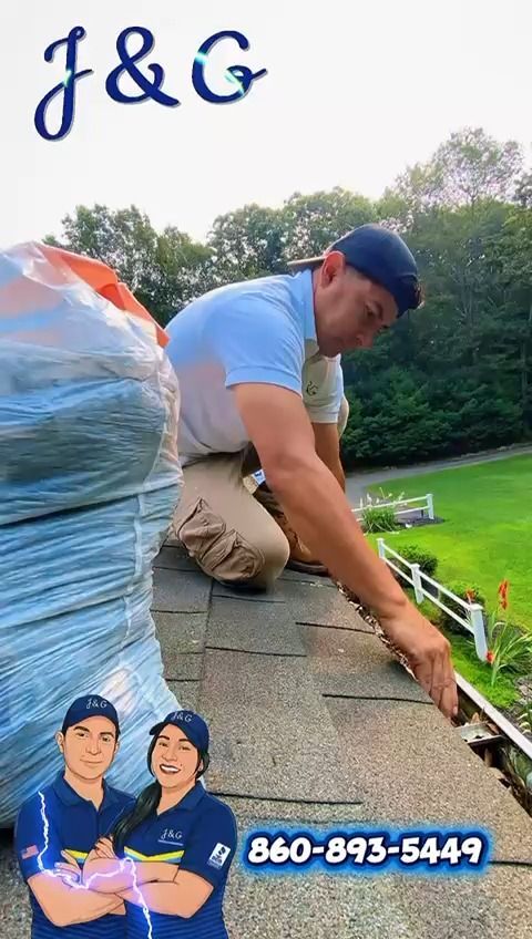 Man on a roof repairs shingles beside a wrapped bundle, with J&G logo and phone number overlay.