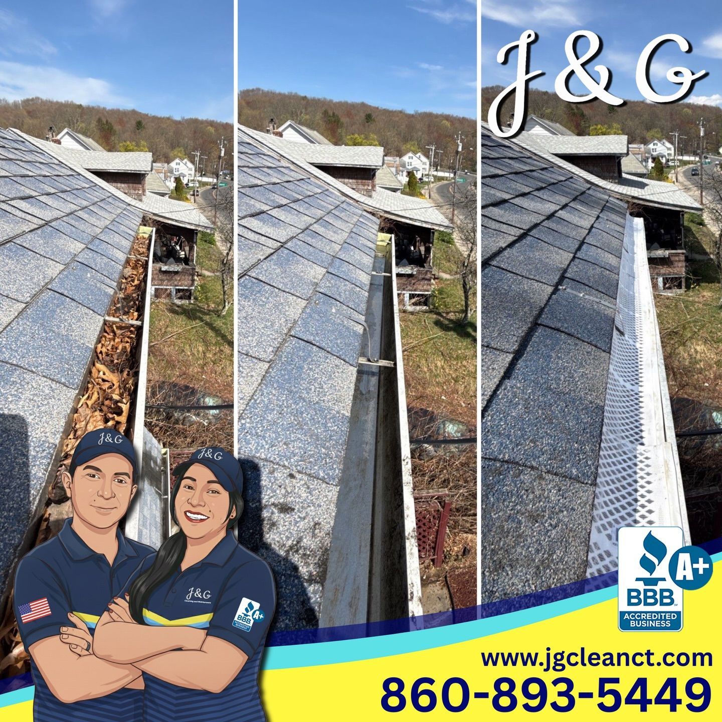 Roof gutter repair on a shingled house, with before-and-after views and J&G contact details.