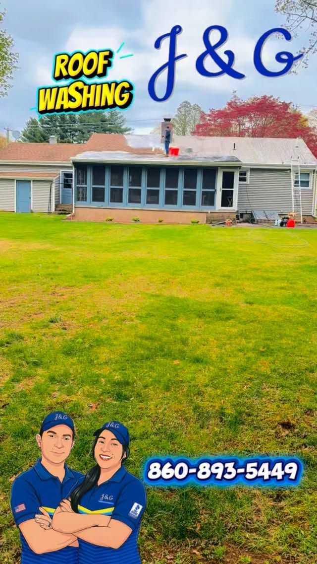 Roof washing ad with a house, green lawn, J&G logo, and phone number 860-893-5449