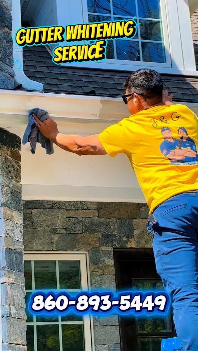 Worker in yellow shirt cleaning gutters on a house, with “GUTTER WHITENING SERVICE” and phone number 860-893-5449.
