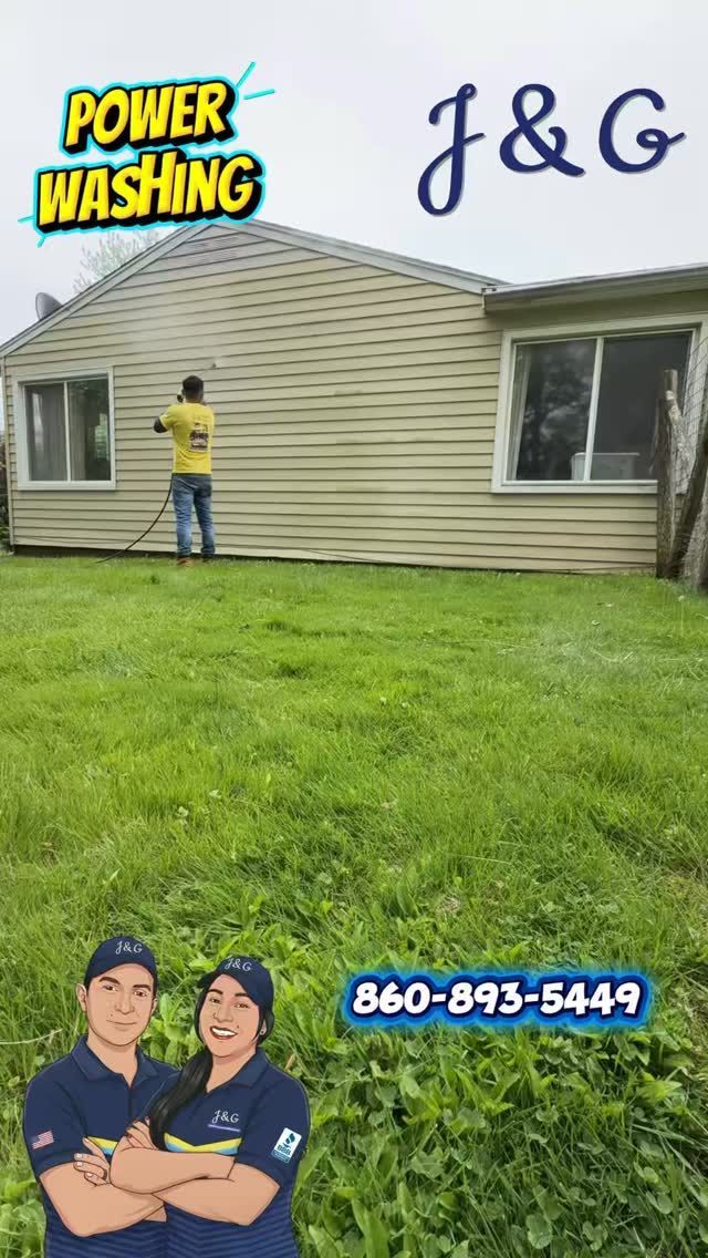 Power washing service ad showing a worker cleaning a beige house exterior, with logo and phone number.