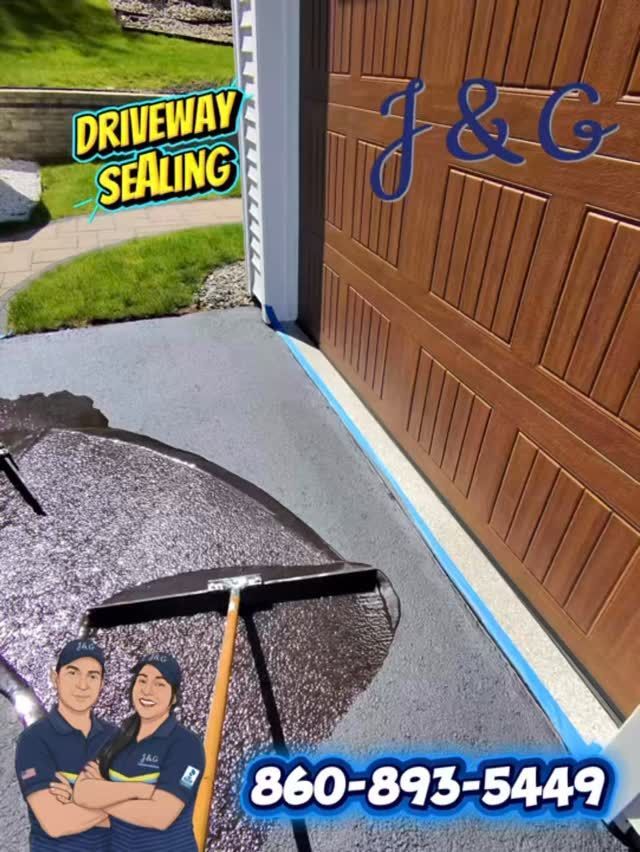 Driveway sealing service ad with squeegee, asphalt driveway, garage door, and phone number 860-893-5449