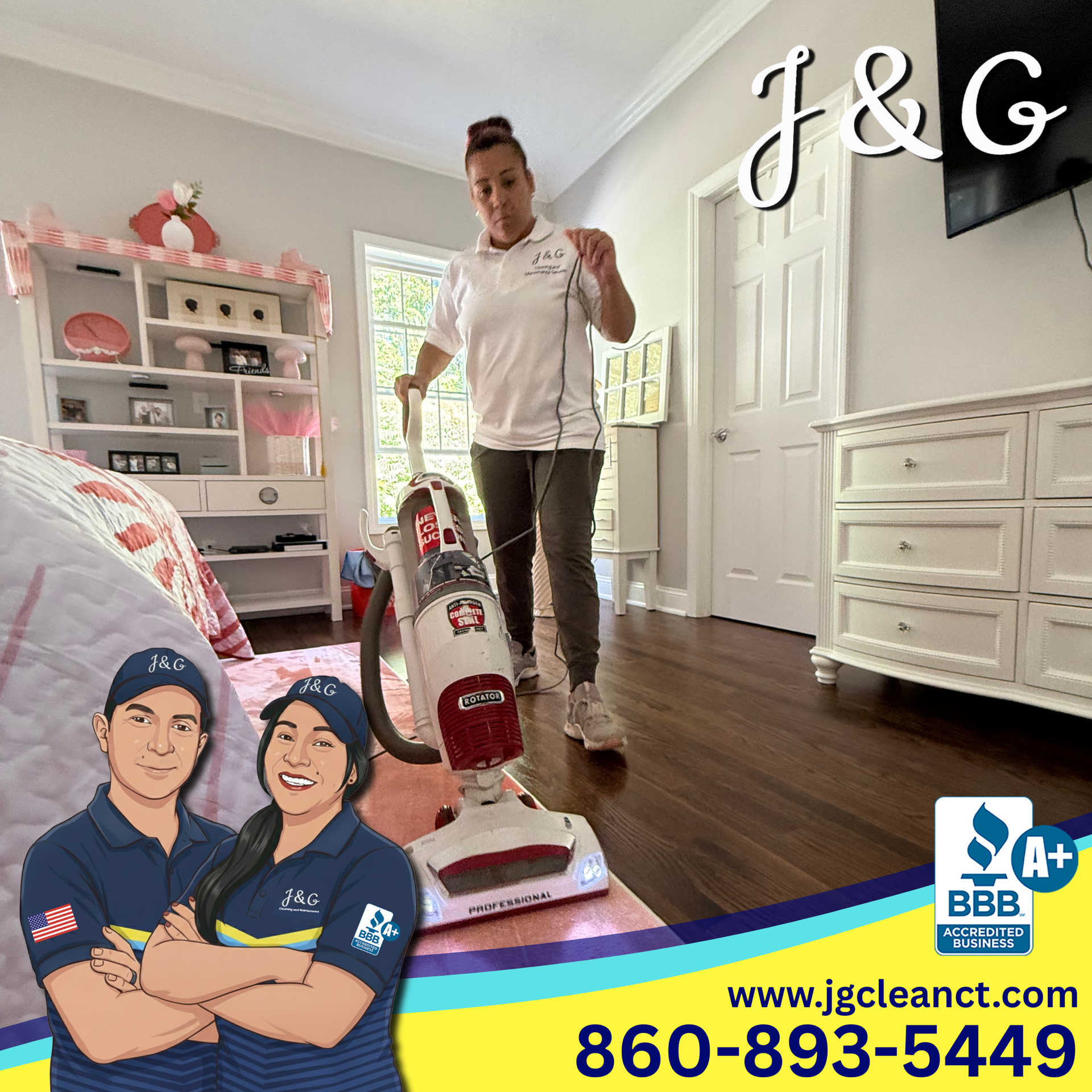 Woman vacuuming a bright bedroom with pink accents and white furniture