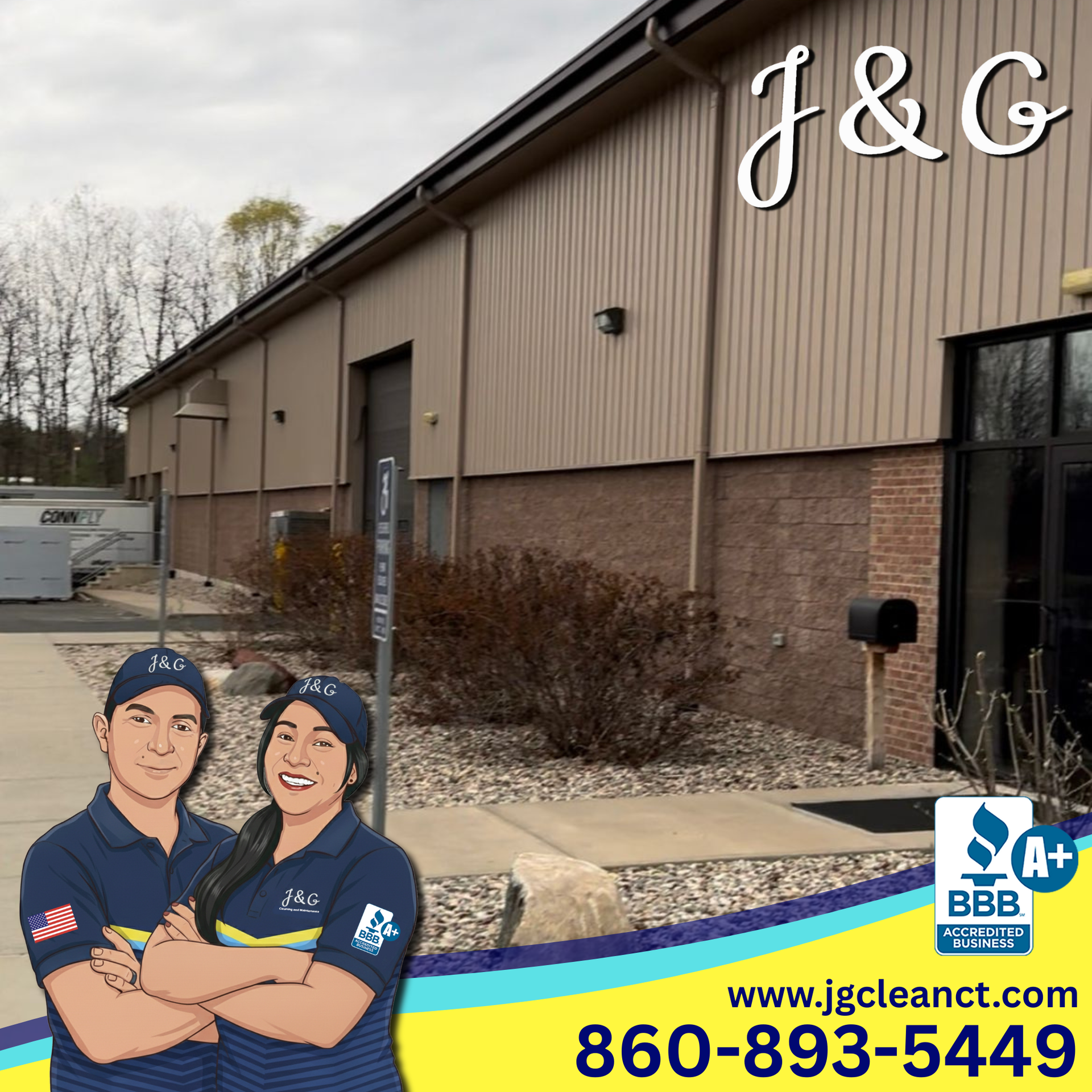 J&G roofing company ad with warehouse exterior, two workers illustration, phone number and BBB logo