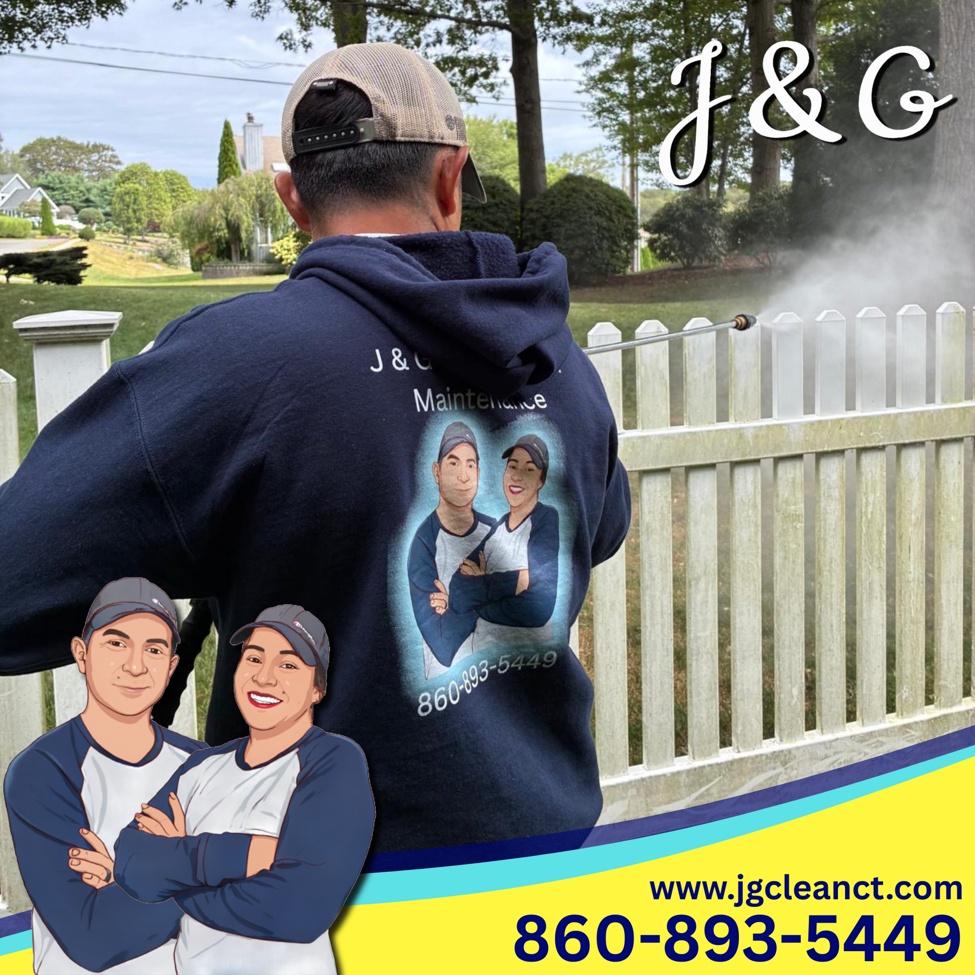 Person in navy hoodie with custom back graphic stands by a white fence; J&G logo and website visible