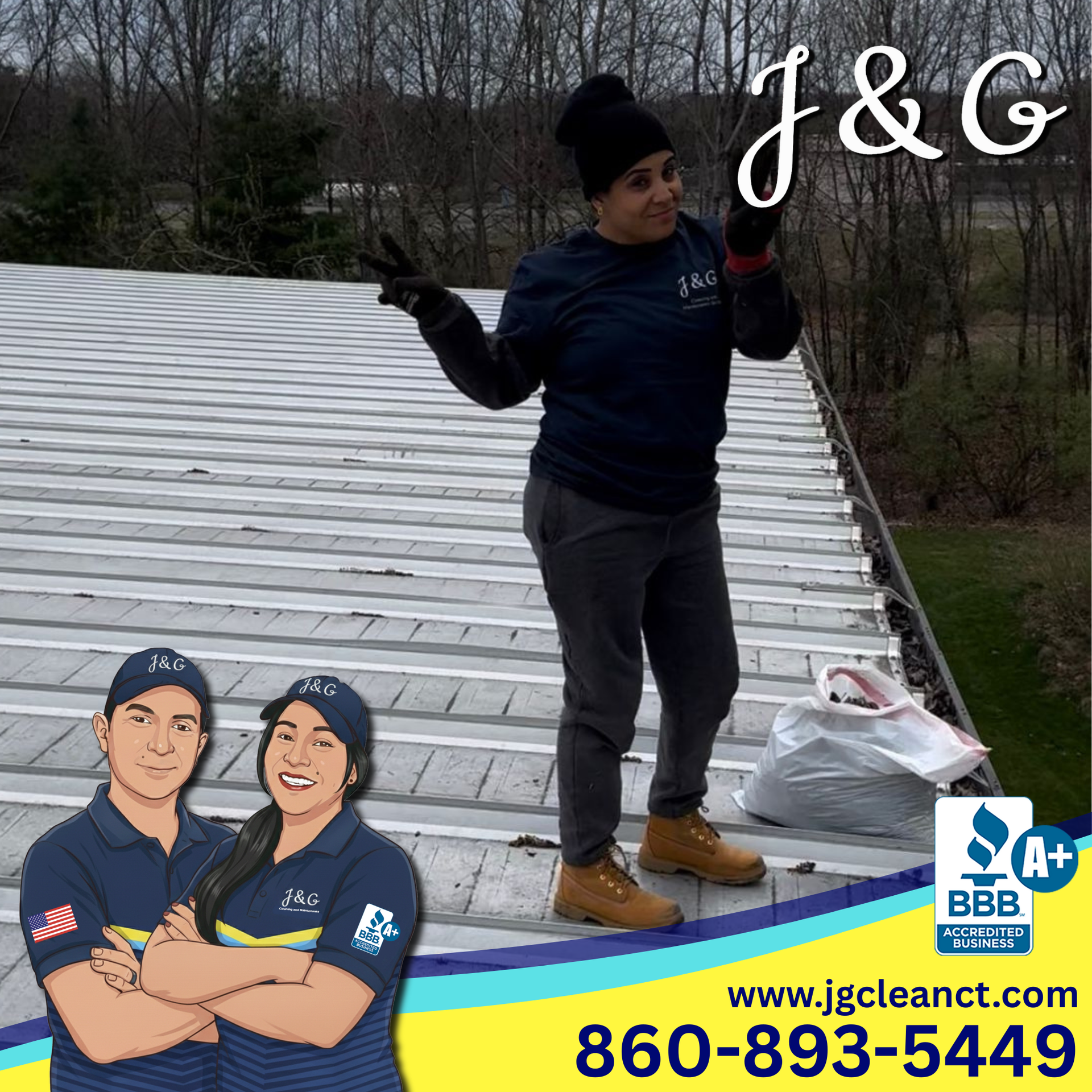 J&G moving van unloading furniture at a suburban home, with logo, website, and phone number visible