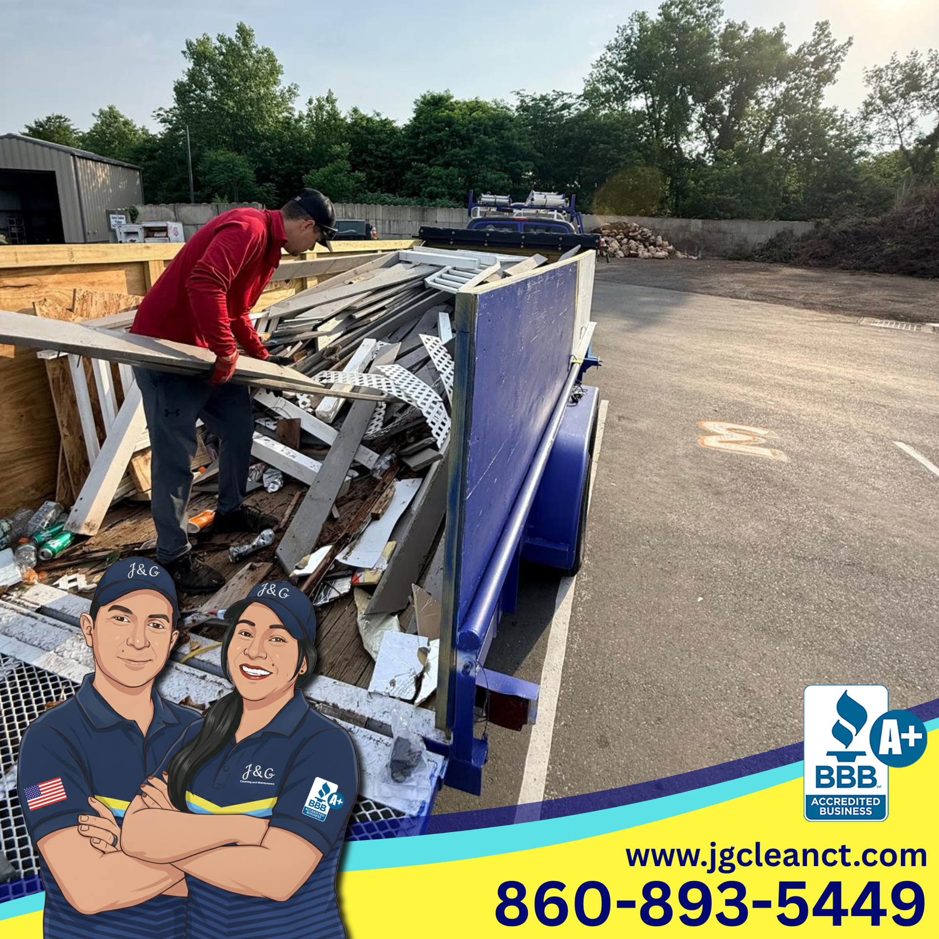 Worker unloading debris into blue dumpster in a yard, with A+ BBB JG Clean logo and phone number.