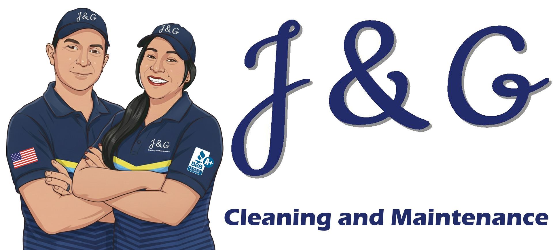 J&G Cleaning and Maintenance logo with two smiling uniformed cleaners and blue text