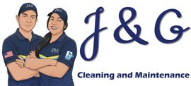 J&G Cleaning and Maintenance logo with two smiling uniformed cleaners and blue text