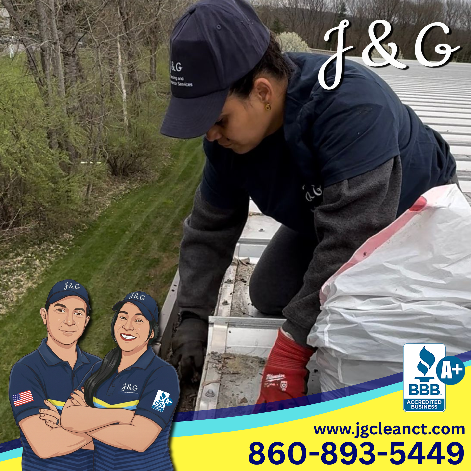 Roofing worker on a shingle roof with company logo, contact info, and cartoon mascots overlaid