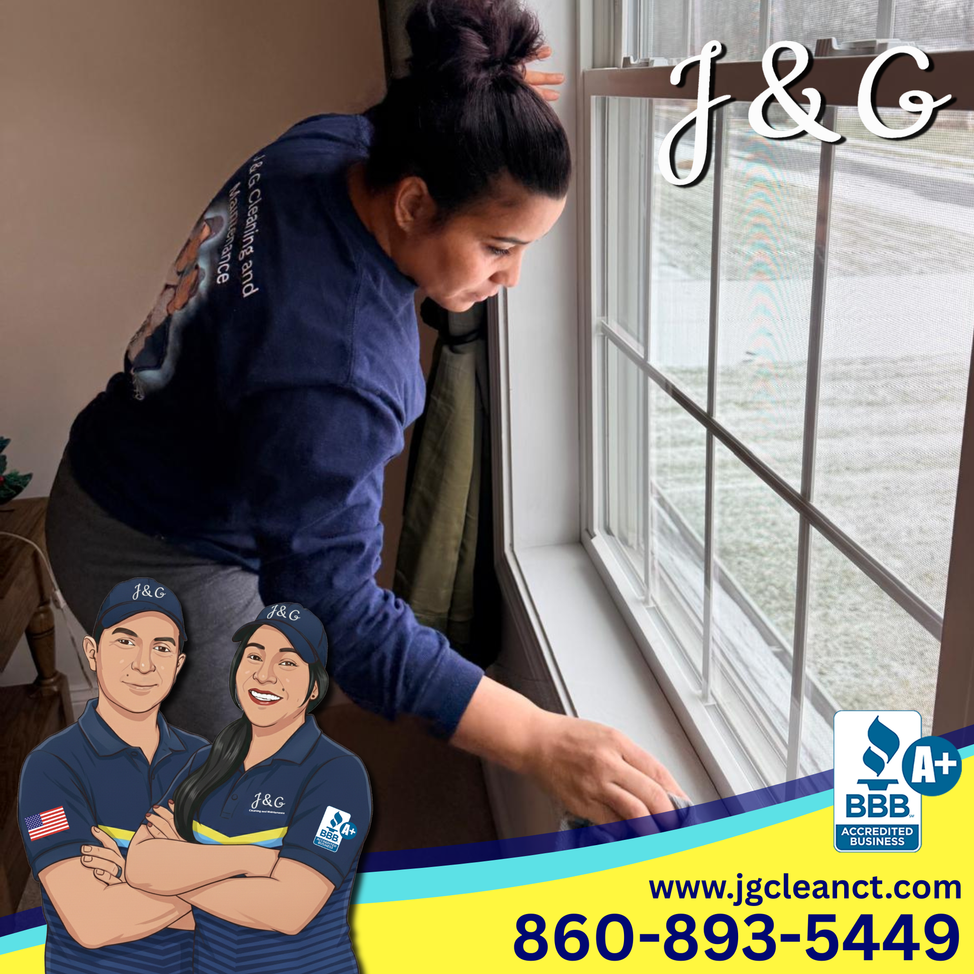 Window cleaning technician cleaning a window beside a curtain, with J&G branding and contact info.