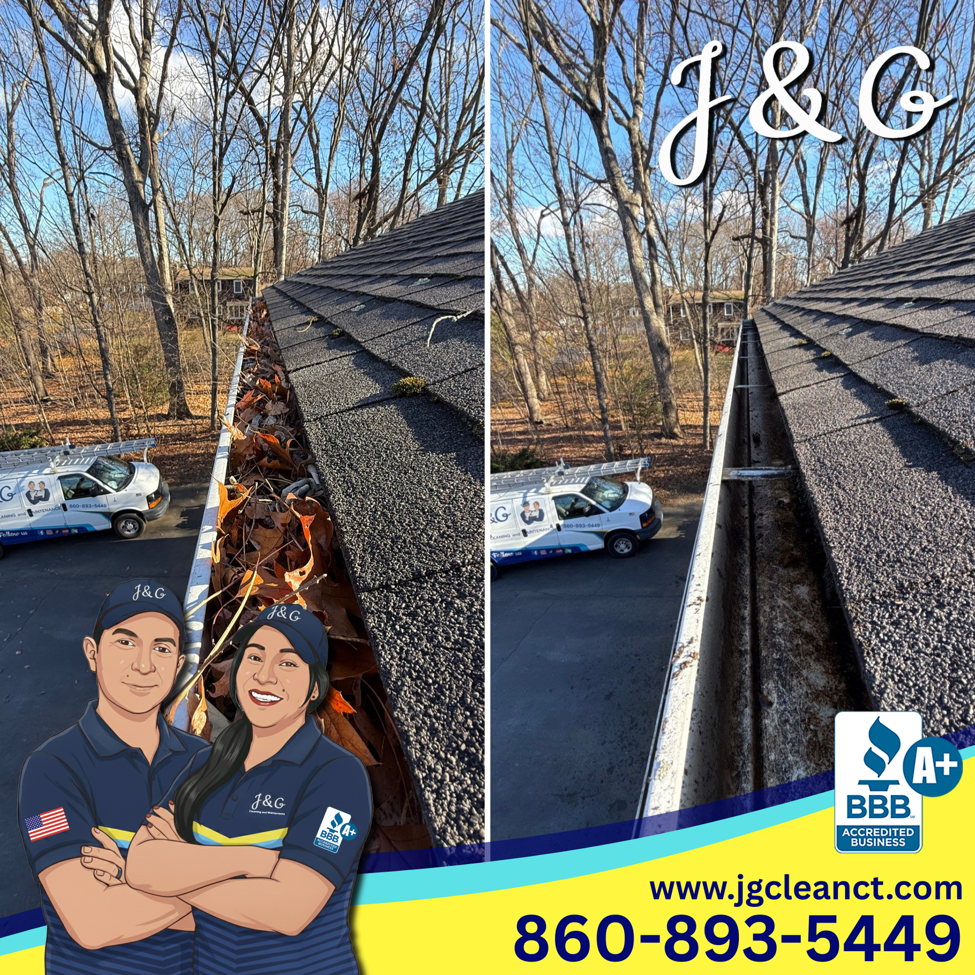Roof gutter before-and-after: leaves removed from a dark shingle roof beside trees and parked cars.
