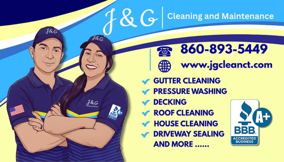 J&G Cleaning and Maintenance ad with two smiling workers, blue/yellow design, services and contact info shown