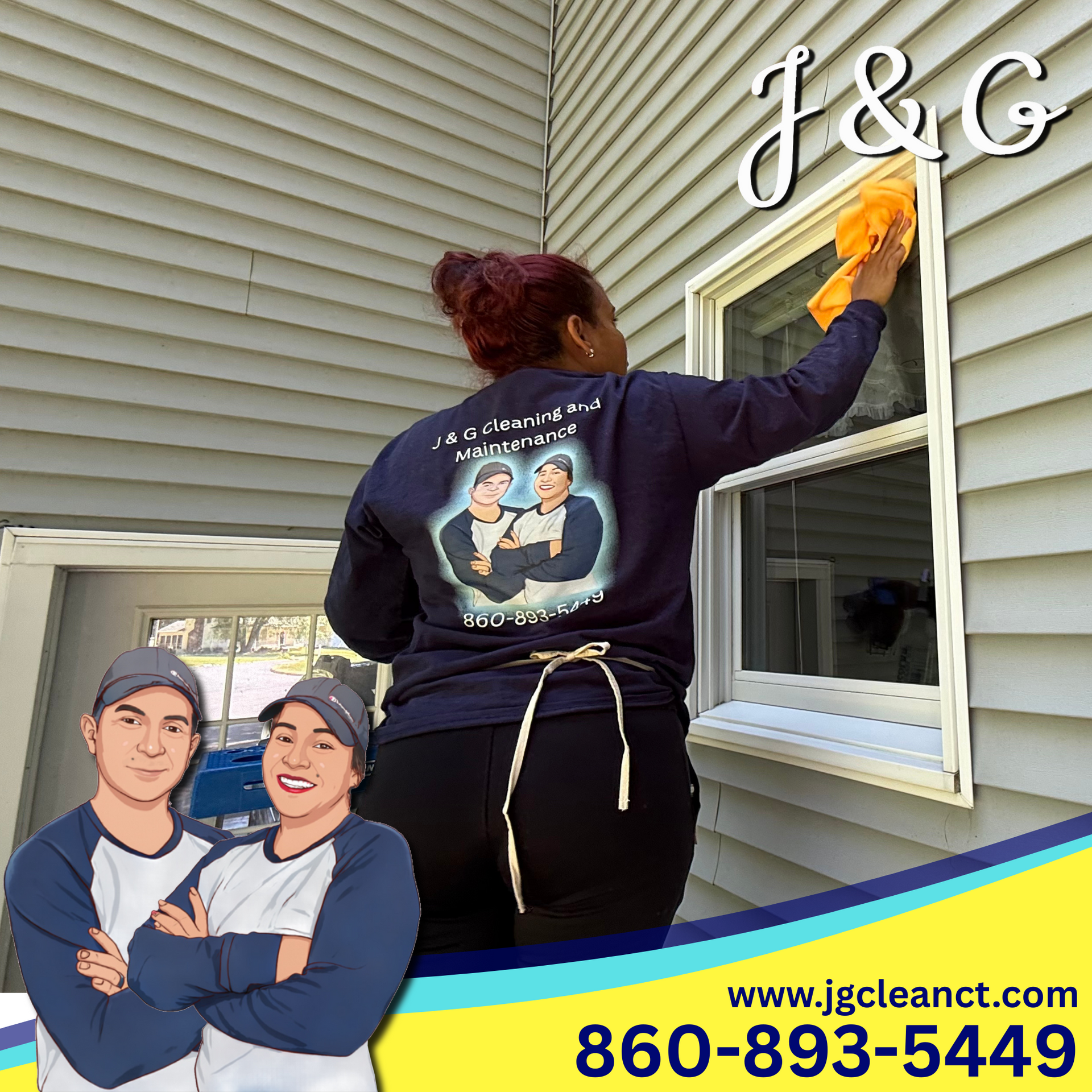 Worker cleaning an exterior window on a gray-sided house, with J&G Clean Act branding and phone number overlay.