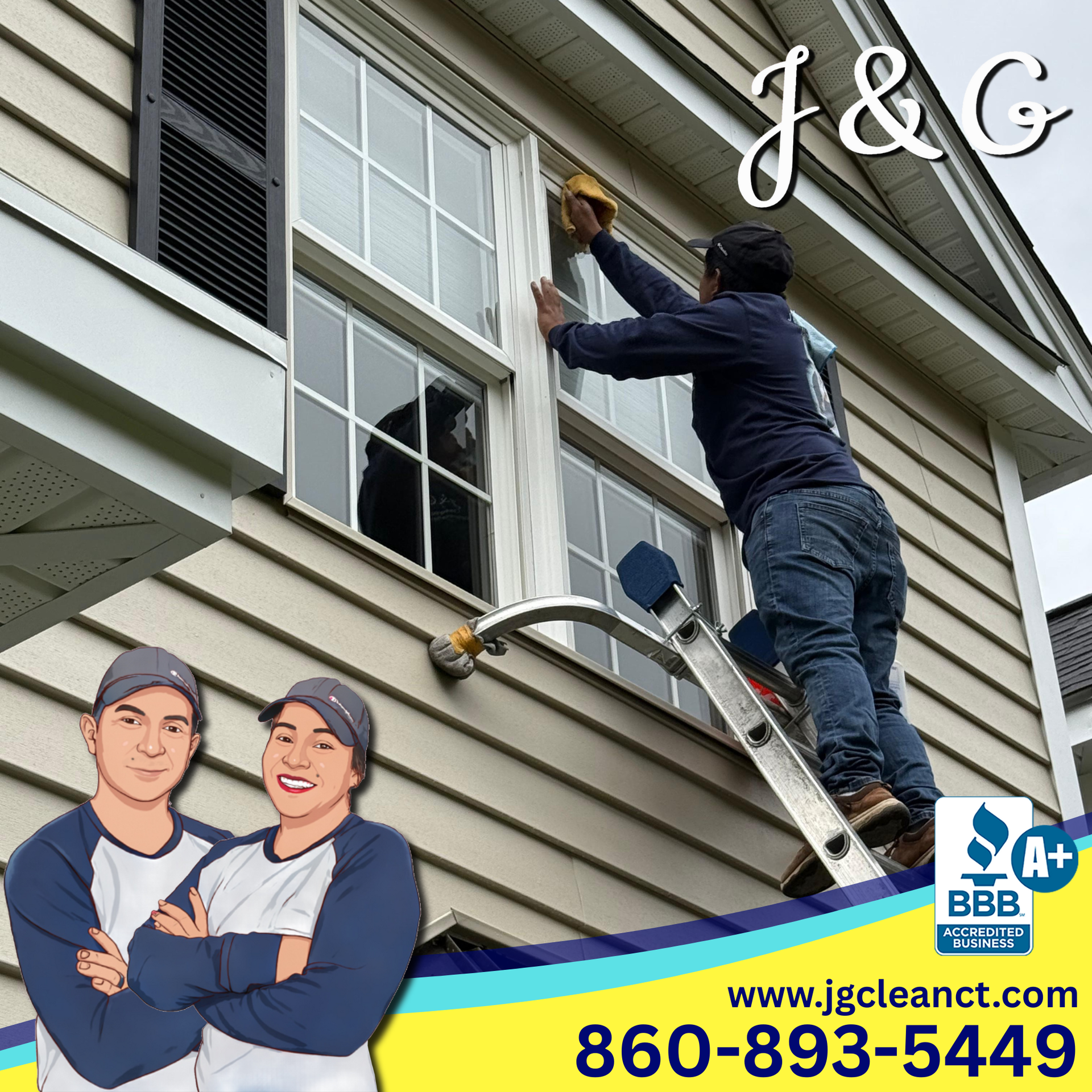 Worker on ladder cleaning a house window; J&G logo and contact info shown.
